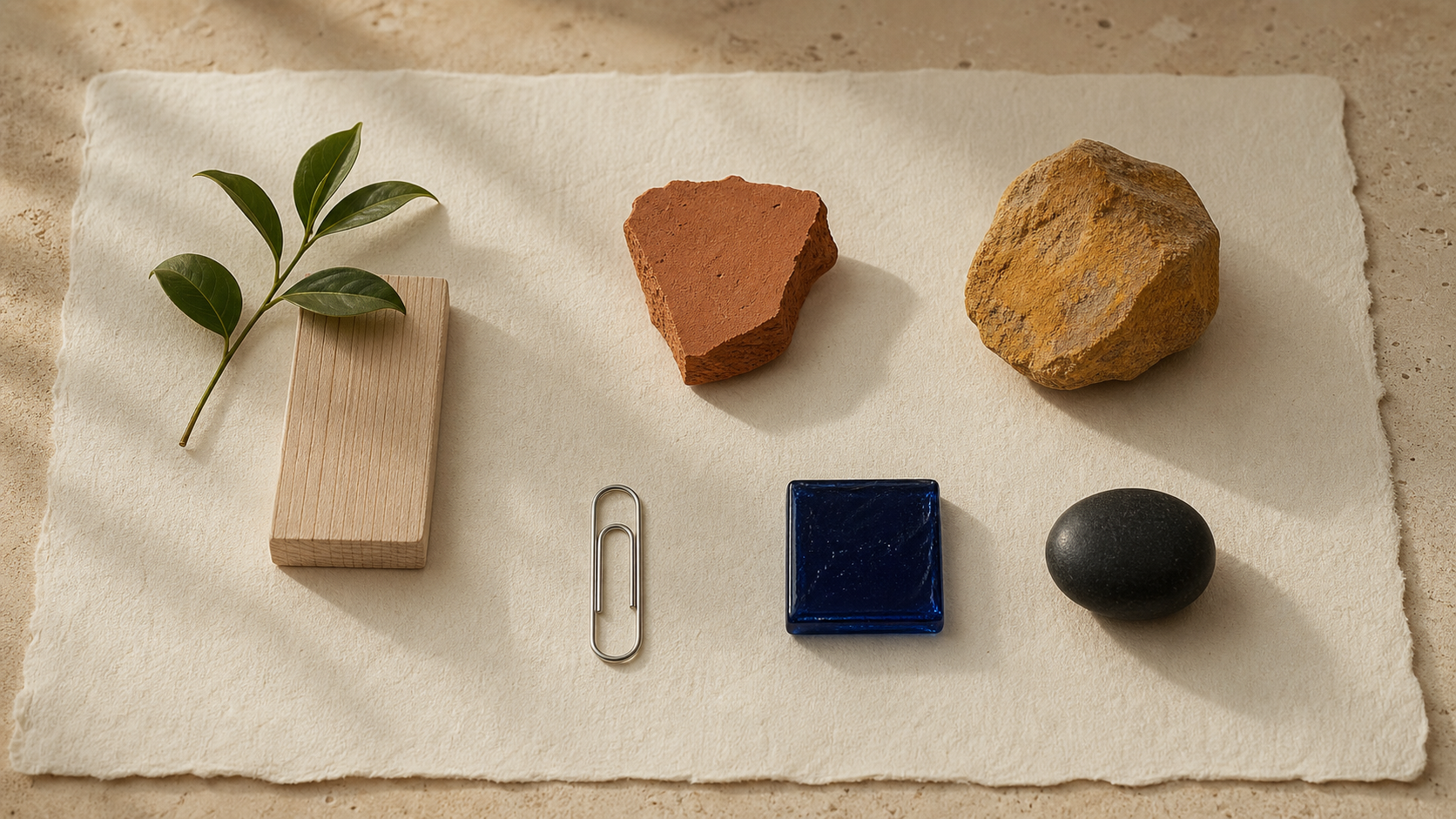 Leaf, wood, clay, stone, metal, blue glass and black stone arranged on handmade paper