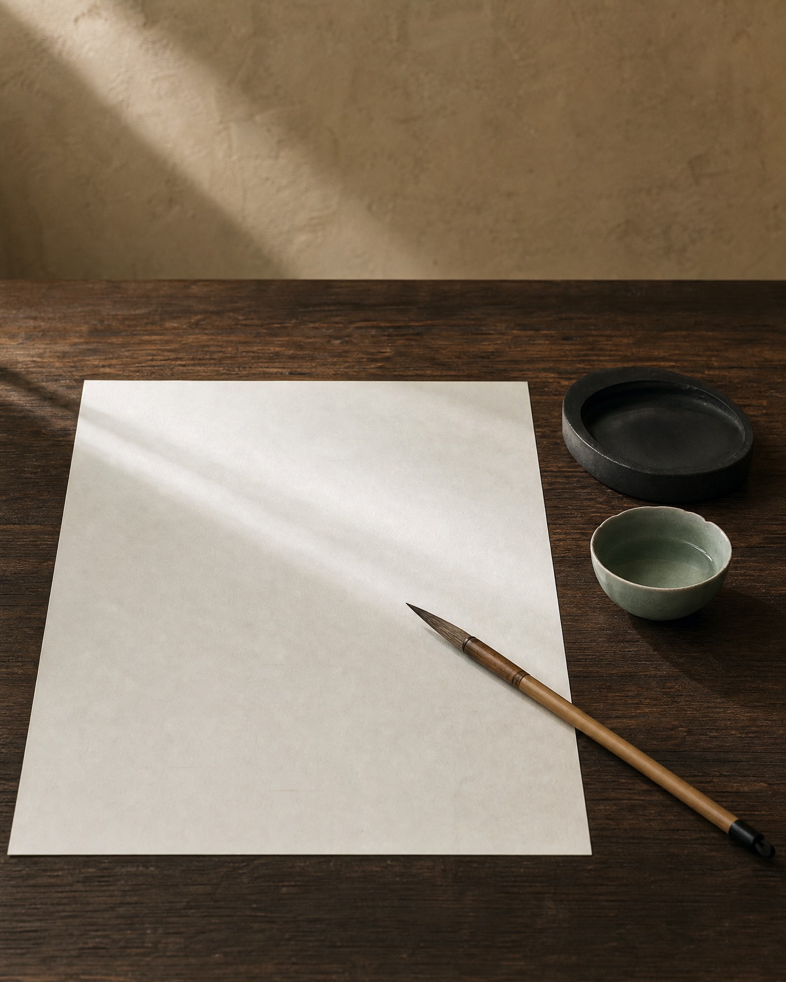 Chinese calligraphy brush, ink dish and ink-wash paper on a wood table
